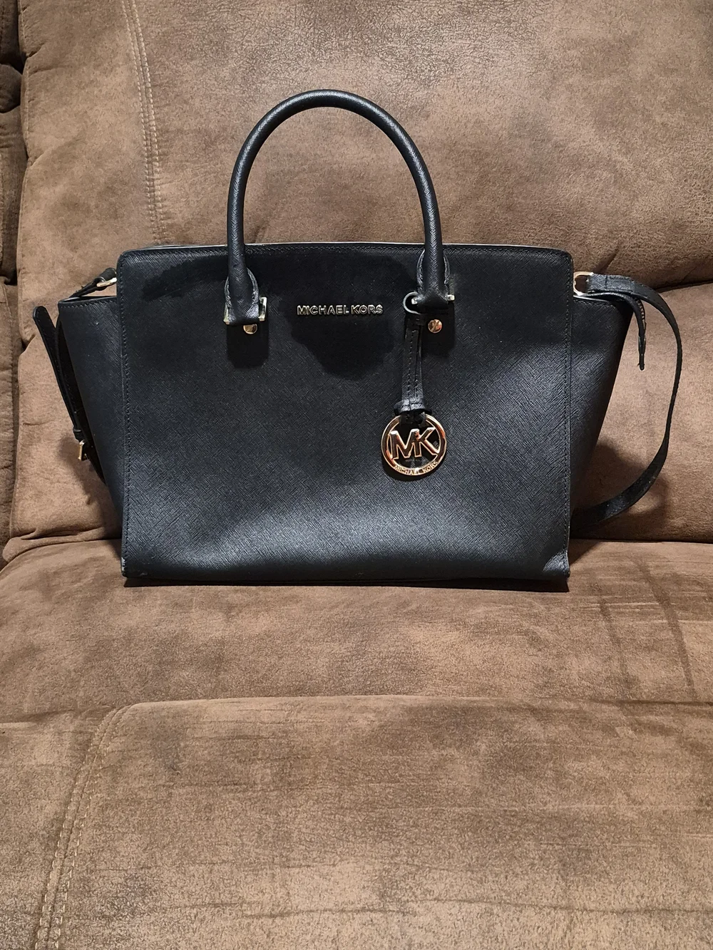 Michael Kors Black Saffiano Leather Satchel with Gold MK Charm